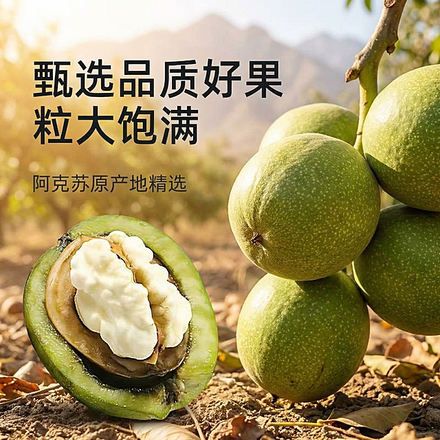 参考这张图片，生成一张类似的阿克苏原产青皮核桃产品宣传图，换一个真实且风格不同的全新背景，不要和原图蓝天树叶背景相似，保留排版结构、所有文案内容和树上带青皮核桃展示剥开核桃仁的构图，核桃仁保持奶白色，整体尺寸750x750