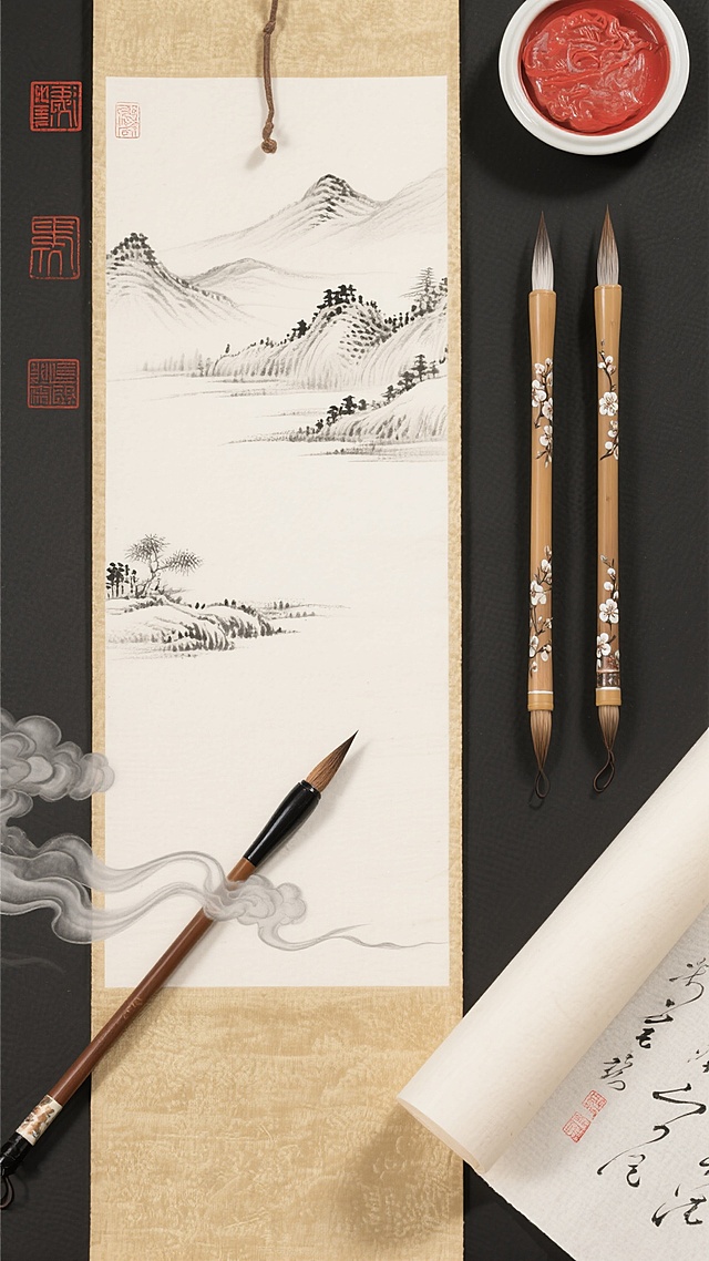 竖幅构图，中国工笔白描风格，泛黄的绢本从右上至左下自然垂落，左侧悬挂着三枚朱砂印泥，一枚已钤盖在绢角形成半透明的朱红印记，右侧并排放置两支狼毫笔，笔杆嵌有螺钿梅花纹，笔头蓄着饱满的松烟墨，绢上以淡墨勾勒的远山与留白处的飞白笔法形成虚实对话，右下角有半卷的米白色宣纸露出未干的墨痕，几缕银灰色云气从左下角袅袅升起缠绕笔杆，整体色调为象牙白、赭石棕与玄黑的层次渐变，营造出刚完成一幅书法作品的静谧瞬间。