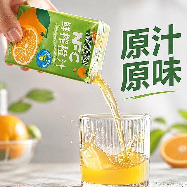 [主图-14] 倒入玻璃杯过程动态展示
[氛围风格] 动态诱人，真实口感呈现
[画质] 商业摄影质感、光线柔和通透、产品清晰真实、画面干净高级
[元素] 手拿着本产品包装盒正在往玻璃杯中倒苹果汁，金黄色果汁流动形成弧线，杯底已经有部分果汁，溅起细小水花，包装盒外观保持与原图一致，主体占比约70%
[光影] 逆光突出果汁通透金黄，流动光泽诱人，背景虚化突出主体动态
[配色] 浅灰背景突出果汁金黄和包装绿色，色彩明快
[视角构图] 中心动态构图，捕捉倒出瞬间
[文字版式] 右侧大字 "原汁原味"，绿色粗体
[输出要求] 1:1 比例，文字清晰可辨，超高清商业摄影质感
[负向提示词] 变形，文字错乱，产品图模糊，背景杂乱，水印，电商平台Logo