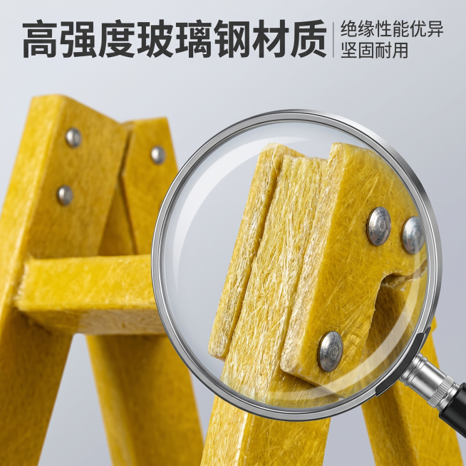 [主图 3] 玻璃钢绝缘梯材质细节展示图
[氛围风格] 特写突出细节，专业质感风
[画质] 商业摄影质感、微距特写清晰、纹理真实细腻、画面干净高级
[元素] 放大镜效果放大玻璃钢梯身连接处的材质纹理，预览效果