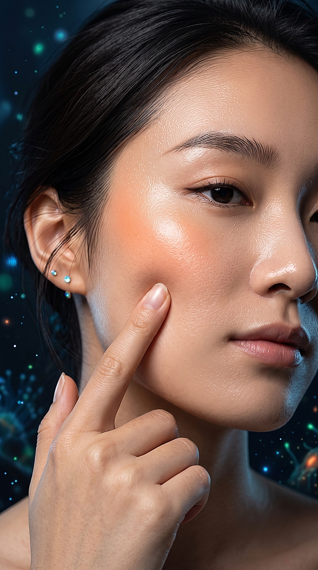 Commercial beauty portrait photography, deep sea bioluminescent clinical style. Extreme close-up on the cheek of a beautiful young Chinese female model. Her skin is flawlessly smooth, incredibly hydrated, and exhibits a bouncy, firm, luminous glow with a subtle warm peachy-orange highlight. Her perfectly manicured finger is gently pressing against her cheek, showing skin elasticity. Clean clinical lighting, photorealistic, 85mm lens, 8k. --ar 9:16