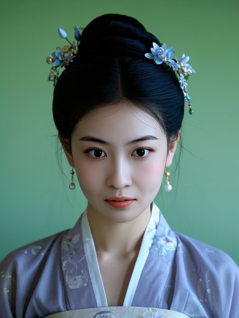 女生，汉服证件照，国风，精致，浅绿色背景预览效果