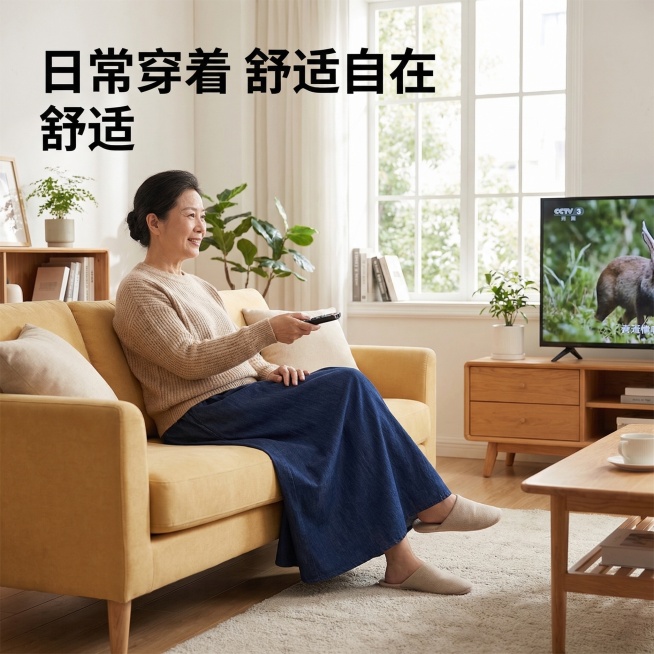 老年人防漏隔尿裙使用场景主图，温馨居家风格，明亮自然光，干净整洁的卧室/客厅场景。60岁左右亚洲老年女性穿着隔尿裙，自然地坐在沙发上看电视，神态放松舒适，产品穿着效果自然真实。背景铺满全屏无边框。主色预览效果