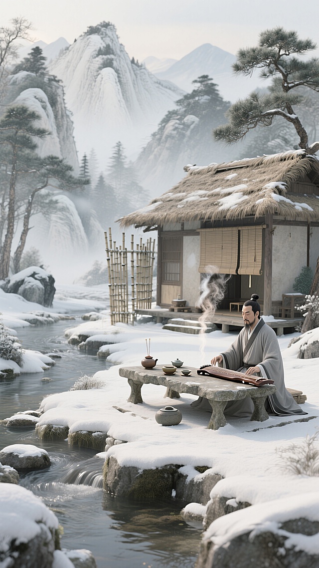深山茅屋，松柏环绕，溪水流淌，石桌茶具，竹帘卷起，焚香袅袅，文人抚琴，雪景，淡雅色调，宋代极简美学，马远山水画意境