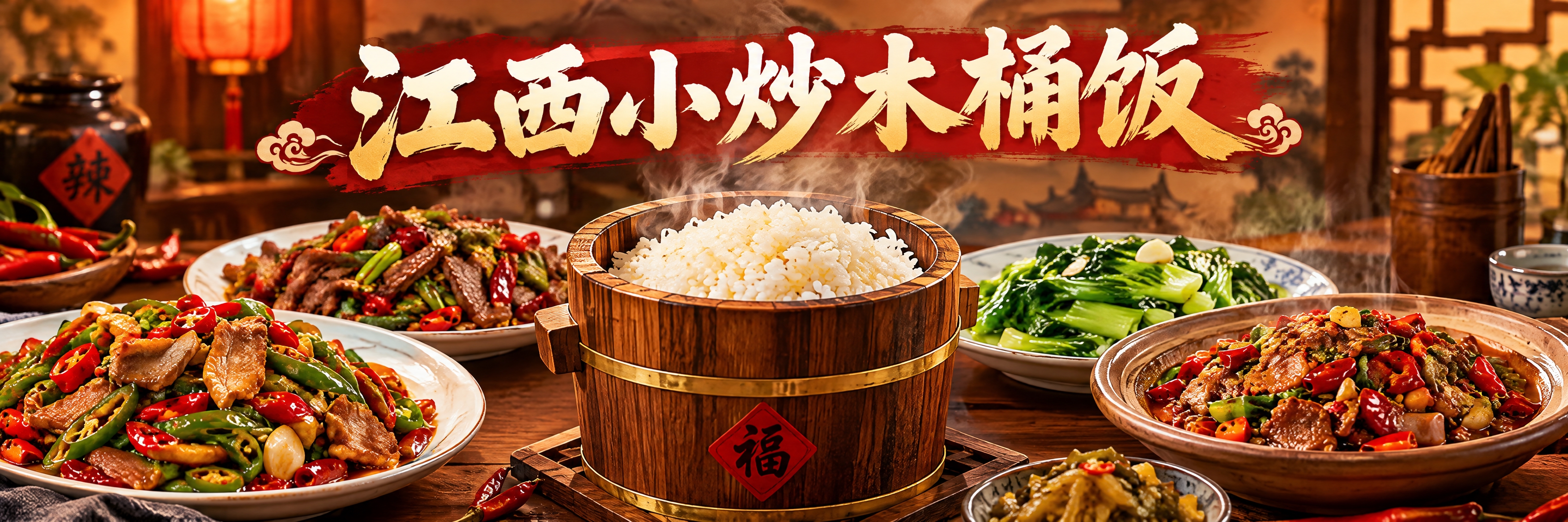 江西小炒木桶饭海报设计，写实美食摄影风格，画面主体是一桌丰盛的… - 图片创意预览