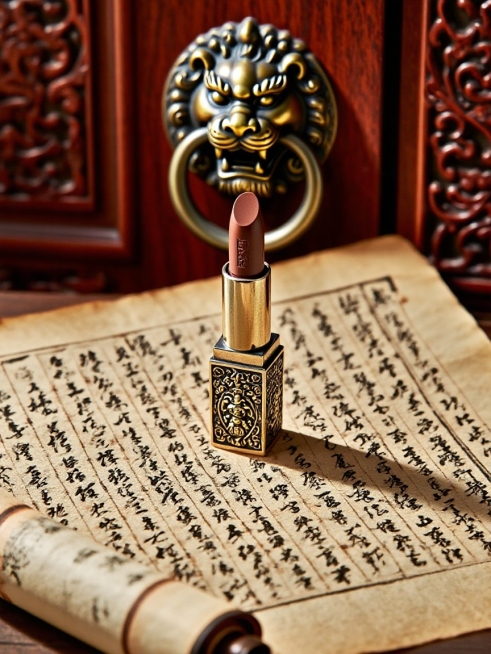 抠出主体，保留主体形状和颜色，给主体的白色部分雕花。把主体放在摊开的草书卷轴上。雕花的红木背景，一个超大的做旧狮头门环。预览效果