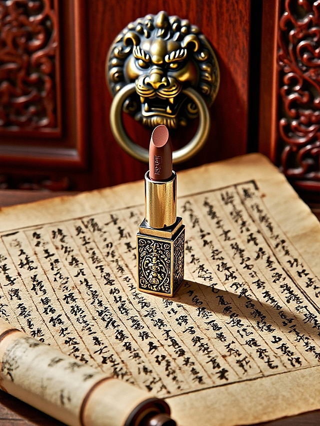 抠出主体，保留主体形状和颜色，给主体的白色部分雕花。把主体放在摊开的草书卷轴上。雕花的红木背景，一个超大的做旧狮头门环。