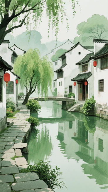 古风，绿色，江南房屋，不要人，二次元，细节丰富，生成4张预览效果
