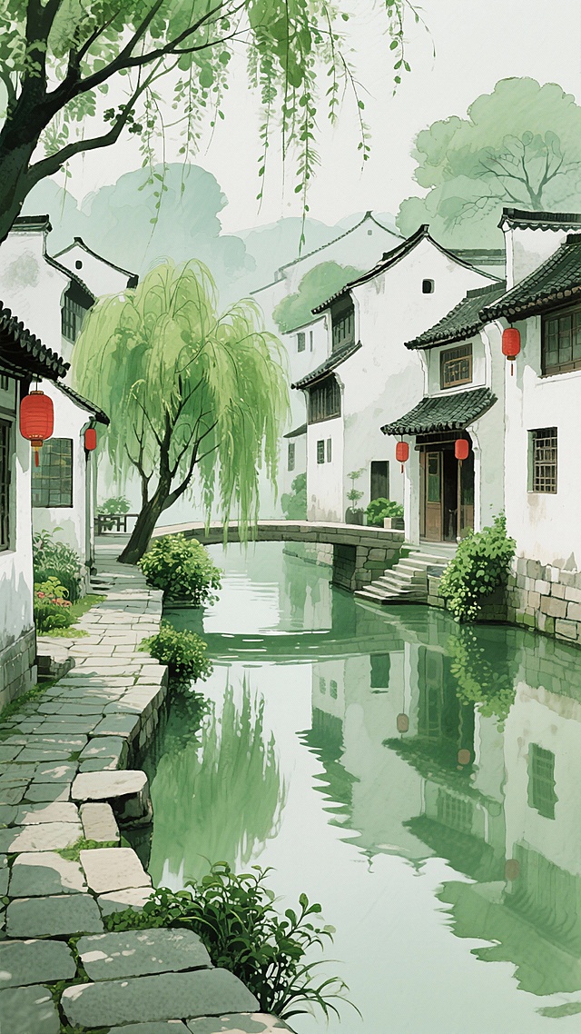 古风，绿色，江南房屋，不要人，二次元，细节丰富，生成4张