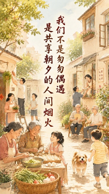 保留当前浅暖橘手绘居民小院背景不变，修改文字：去掉"偶遇"后面的逗号，调整文字排版保持居中竖排，字体大小和风格保持不变，文字内容改为：我们不是匆匆偶遇是共享朝夕的人间烟火预览效果