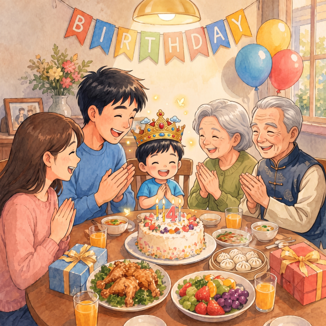 一共5个人围坐在饭桌边，给小仙君庆祝生日预览效果