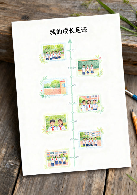 六年级毕业成长纪念册内页，彩铅手绘风格，纯白色背景，手绘六年校园生活时间轴排版，留出照片位置，文字“我的成长足迹”，清新自然，彩铅手绘，A4尺寸预览效果