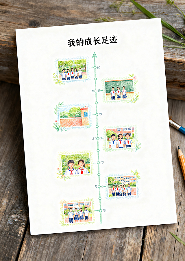 六年级毕业成长纪念册内页，彩铅手绘风格，纯白色背景，手绘六年校园生活时间轴排版，留出照片位置，文字“我的成长足迹”，清新自然，彩铅手绘，A4尺寸