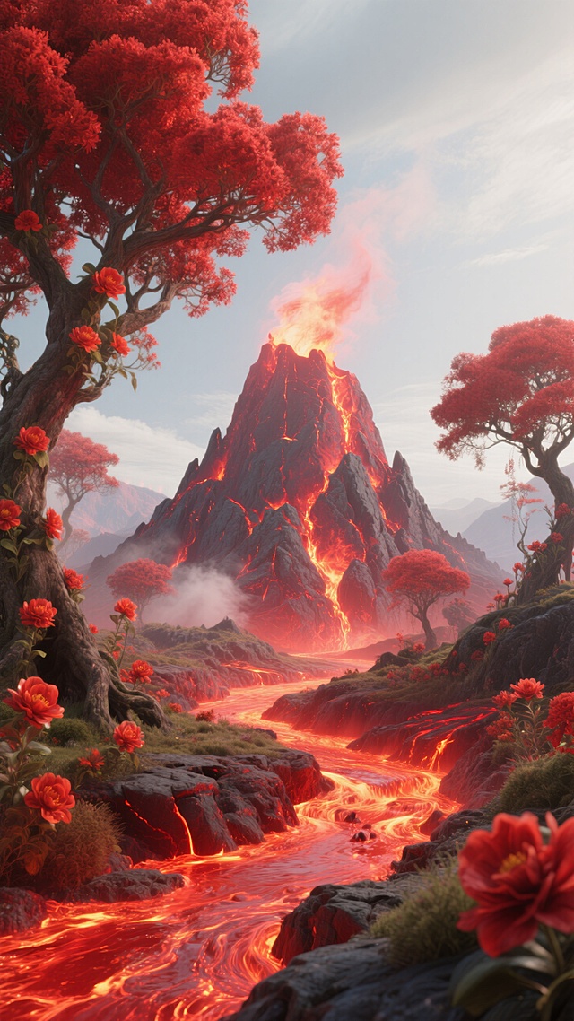 未来主义虚拟自然，中间是赤红的山丘，周围种植着火红的花和树，一条火红的河流穿过山丘