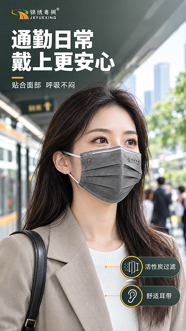 [第5张] 详情页人物使用图。本张使用【图1】作为商品主体。
[商品] 锦绣粤兴A003一次性活性炭口罩：保留深灰色口罩本体、白色耳带、三道横向褶皱、热压点状封边、左侧LA盾形标、右侧锦绣粤兴Logo印字；口罩正确佩戴在亚洲成年女性面部，覆盖鼻梁至下巴，鼻梁条塑形贴合，耳带自然挂在耳后。
[画面] 目标展示真实佩戴效果，真人过程型构图。亚洲成年女性通勤族在地铁/城市街道佩戴深灰色口罩，肩线以上半身像，占比55%；背景为明亮城市通勤场景，有地铁站或街道、行人和绿植虚化；人物眼神自然，手自然垂放或整理口罩，光线柔和。
[视觉] 套系策略：风格=淘宝天猫专业防护用品商业摄影；标题字=粗黑体；正文字=无衬线黑体；主色=深灰绿；背景延展=深灰绿到浅灰同色渐变+细腻网格质感；强调色=橙黄，仅用于标签徽章和引线；标题色=白色；正文色=浅灰白；组件=圆角信息卡、圆形徽章、细线引线；光影=顶部柔光。
[文字] 左侧主标题"通勤日常 戴上更安心"，副标题"贴合面部 呼吸不闷"；右下角两个信息点：活性炭过滤 舒适耳带，各配图标。文字横向排布，不遮挡口罩和人物面部。
[规格] 9:16竖版，4K分辨率，文字清晰可读。负向：变形，错字，文字过小，水印，平台logo，口罩颜色偏差，人物面部扭曲，冷蓝背景，竖排文字。