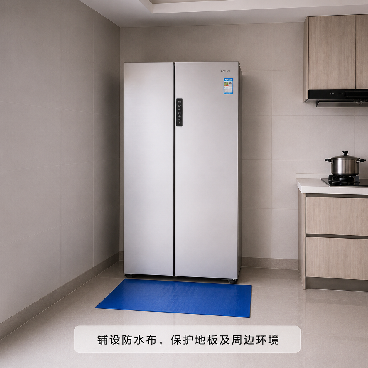基于这张厨房冰箱图片进行修改：1. 将冰箱前的蓝色垫布比例缩小… - 图片创意预览