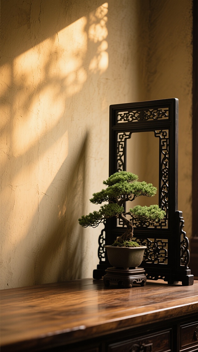 一张木纹桌面上，右侧放置着一个黑色镂空雕花屏风，屏风后有一盆绿色盆景，背景是柔和的暖黄色调，光线从左上角斜射过来，在粗糙质感的墙面上投下斑驳的光影，营造出宁静而古朴的氛围，环境变换为传统中式书房的角落，光线柔和温馨，整体风格统一且具有古典韵味。