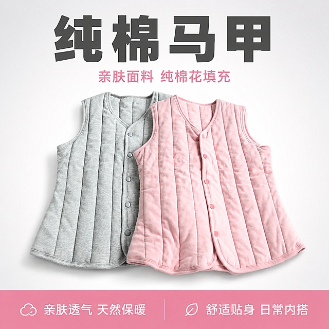 [单张主图] 纯棉马甲电商爆款促销主图，适合拼多多平台。路线为爆款促销感主图，偏强转化，大字直白传递卖点，适配拼多多高性价比调性。保持原产品灰色和粉色两款纯棉马甲的外观、颜色、纹理、结构完全一致，杜绝任何变形和色差，精细化处理。商品主体占比约60%，放置于画面中下部居中位置，完整展示马甲正面版型与双色款式。构图版式采用顶部大标题型标准三段结构：顶部占28%放主标题，中部产品主体占55%，底部占17%放信息通栏。背景使用浅灰白色渐变干净留白，整体简洁突出产品，无多余杂乱元素，不抢产品主体。顶部居中放置大粗体字"纯棉马甲"，下方小字标注"亲肤面料 纯棉花填充"；底部通栏左侧放置卖点短句"亲肤透气 天然保暖"，右侧放置卖点短句"舒适贴身 日常内搭"。文案均为中文，字色与背景强对比，主标题最大最粗，辅助文案缩小50%，不遮挡产品主体。顶侧柔光为主光，均匀打在马甲表面，突出棉质面料肌理；背景反射做辅光填充，暗部有层次，无硬阴影；整体商业高清摄影质感，产品清晰真实，画面干净高级。主色浅灰白背景，文字配色提取马甲粉色和灰色，主标题用深灰色粗体无衬线字体，辅助文案用浅粉色小字体，对比清晰。生成1:1比例，2048*2048分辨率，文字清晰可辨，超高清商业摄影。负向提示词：变形，文字错乱，产品图模糊，背景杂乱，水印，电商平台Logo，错字，主体遮挡，低清晰度，错误结构