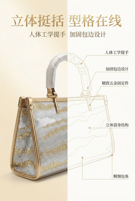 2:3 竖版，电商详情页包型结构解析页，杂志级精致排版，严格还原上传的产品图，包括包装设计、颜色、LOGO 位置、文字内容、图案元素等所有细节，产品尺寸比例保持 1:1。主标题：「立体挺括 型格在线」预览效果