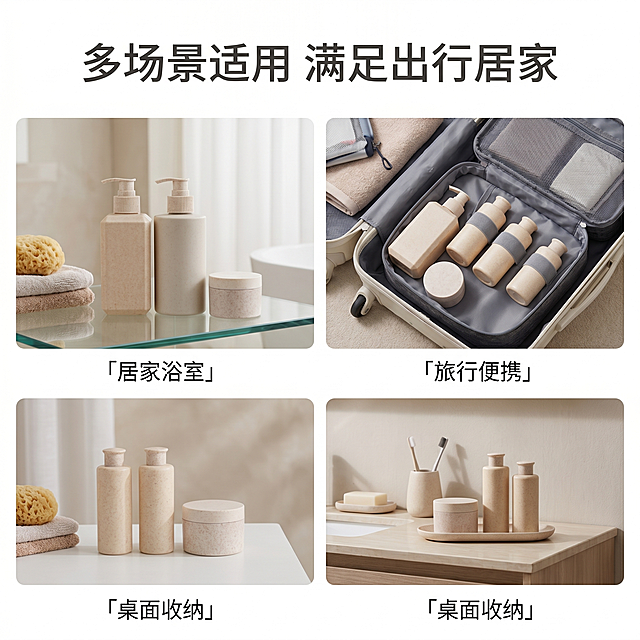 [主图 4] 麦秸秆洗护分装瓶多场景适用展示。[氛围风格] 自然生活氛围感，真实家居感。[画质] 商业摄影质感，光线通透，画面清晰高级。[元素] 宫格布局展示三个使用场景：浴室摆放按压瓶、旅行携带分装瓶、洗漱台收纳小瓶，保持每个场景中产品外观和材质与原图一致。场景分别为极简浴室玻璃台、行李箱 opened 隔层、现代简约洗手台，每个场景都干净清爽。商品主体在每个场景中清晰突出。整体满屏无边框，光影统一。[光影] 每个场景都采用柔和自然光，整体光影一致，无明显明暗差异。[配色] 整体浅调自然色系，保持产品原生麦色与场景融合，低饱和不刺眼。[文字版式] 顶部主标题 "多场景适用 满足出行居家"，下方每个场景配对应小字标注：「居家浴室」「旅行便携」「桌面收纳」，文字简洁不遮挡产品。[比例分辨率] 1:1 比例，2k 分辨率，清晰超高清。[负向提示词] 变形，水印，文字错乱，产品不一致，光影不统一，背景杂乱，刺眼配色