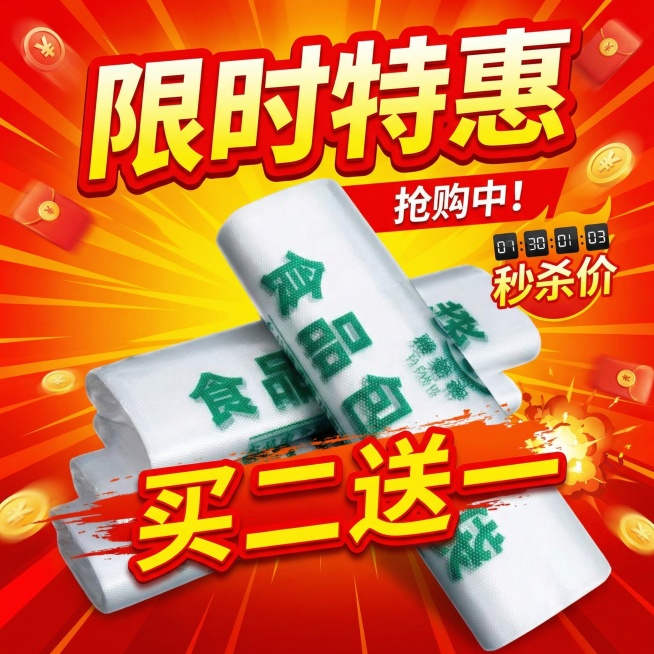 我的产品是食品包装袋，帮我做10张拼多多风格的主图预览效果