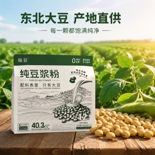 「图片1」，生成电商主图（5张），商品名称是纯豆浆粉，卖点是0添加色素 配料表里只有大豆，风格是符合电商风格，适配拼多多平台，主图比例为1:1预览效果