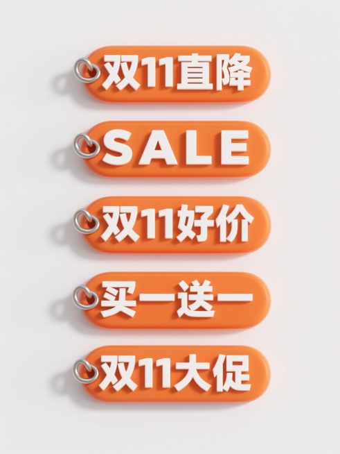 六个规整排布的3D立体促销标签素材，每个标签均为橙色圆角矩形，顶部带金属质感银色圆环，表面有细腻光泽和轻微阴影，白色立体粗体文字分别为“双11直降”“双11折扣”“SALE”“双11好价”“买一送一”“双11大促”，文字居中排列，整体采用纯白色纯色背景，保持统一的3D渲染风格、光影效果和简洁明了的视觉层级。预览效果