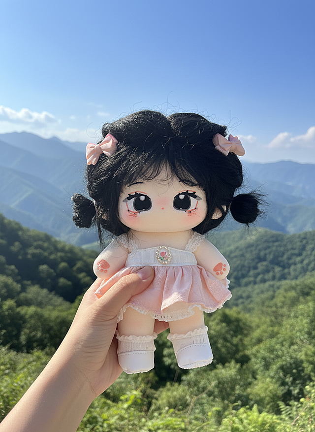 不经意间拍摄的照片，用手拿着这只玩偶，在户外旅游的山上放着