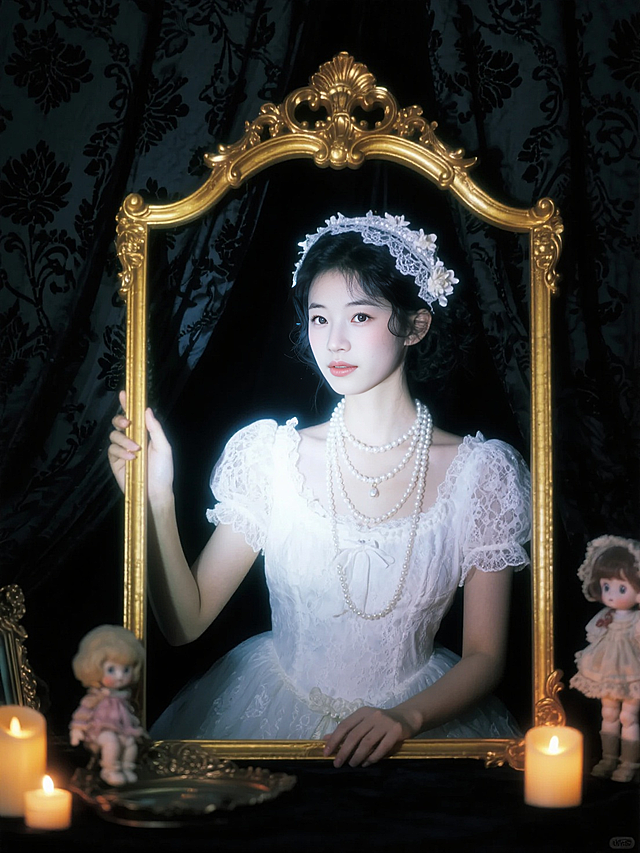 一个身着白色蕾丝洛丽塔裙的人物，头戴白色蕾丝花饰头箍，佩戴多层珍珠项链；手放在巨大的金色雕花相框上，背景是黑色花纹幕布，周围有点燃的蜡烛、复古娃娃