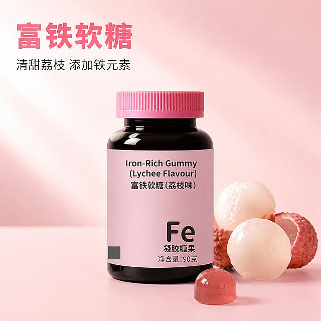 [主图-1] 富铁软糖荔枝味产品首图，简约大气淘宝电商风格。保持富铁软糖产品瓶身外观（粉色瓶盖、深棕色瓶身、粉色标签）与输入原图绝对一致，杜绝任何变形和色差，精细化处理。产品居中放置，右侧搭配几颗新鲜饱满的荔枝果肉和半颗Q弹软糖，荔枝果肉水润通透，软糖呈现诱人光泽，不添加其他任何水果。浅干净的浅粉色渐变背景，简约干净，商品主体占比约70%。自然柔光从左侧打来，背景浅粉渐变，产品轮廓清晰，瓶身与荔枝都有柔和自然阴影，通透干净。主色调浅粉色，搭配深棕色产品瓶身和荔枝的淡红色，色彩清新协调。文字版式：左上角负空间左对齐，大字主文案“富铁软糖”粉色粗体字，下方小字“清甜荔枝 添加铁元素”深灰色；文字清晰不遮挡主体。1:1 比例，商业摄影质感，4k分辨率，产品清晰真实，画面干净高级，变形，文字错乱，产品图模糊，背景杂乱，水印，电商平台Logo。