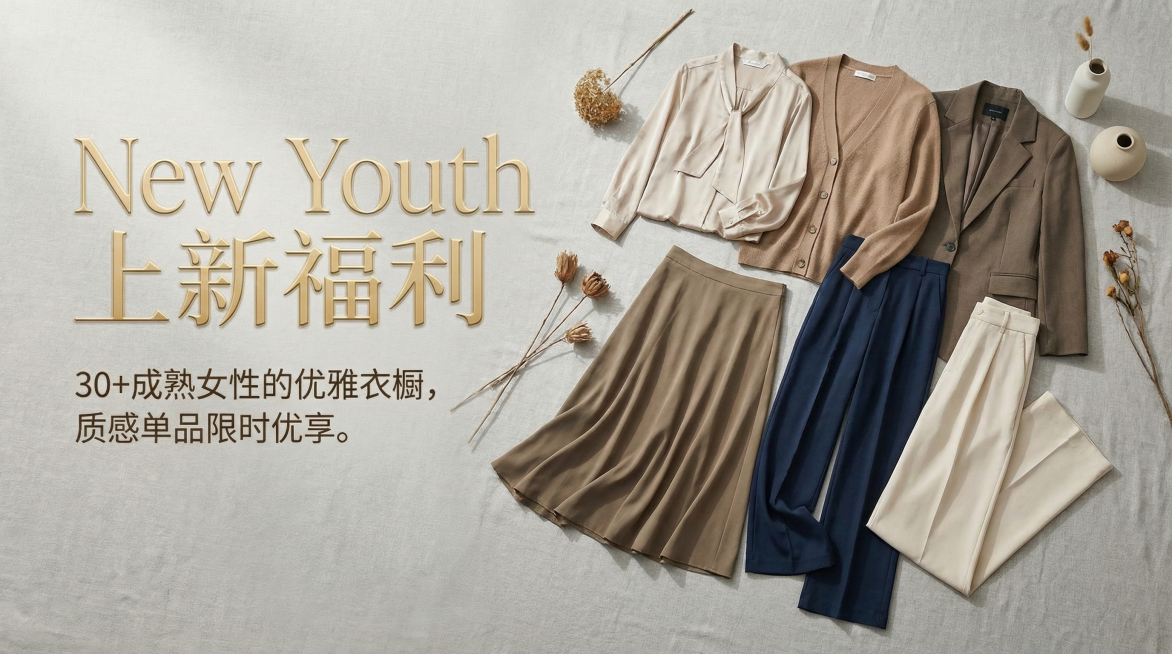 抖音女装带货横版封面，适合30+成熟女性，穿高级女装的成熟美女平铺整个画面展示，画面高级简约有质感，左侧放置主标题花字"上新福利"，字体新青年体，下方添加小字说明，整体风格成熟高级有美感，去掉俗气元素预览效果