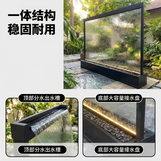 [主图 3] 水幕墙整体结构细节展示
[氛围/风格] 清晰专业，突出工艺结构，光影自然。
[画面元素] 保持产品原有整体外观不变，采用上下拼版，上部分展示整体产品在庭院中的效果，下部分左右两个圆角画中预览效果