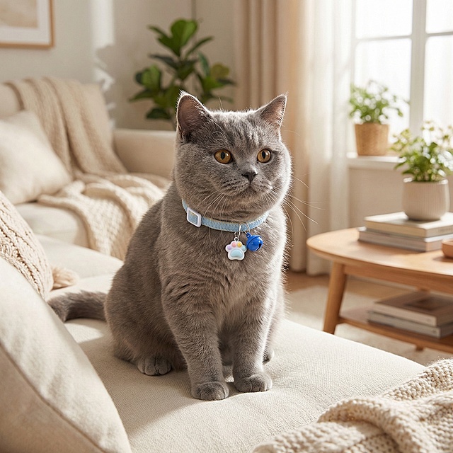 可爱的蓝猫佩戴蓝色带猫爪吊坠铃铛的猫项圈，放在温馨的室内客厅场景，软萌氛围，柔和自然光，电商产品主图，猫咪居中，项圈清晰展示，温馨治愈风格