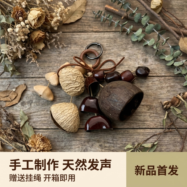 [主图 5] 整体展示，天然果壳手摇铃权益收尾图。[氛围风格] 自然诧寂风，森系复古，整体氛围感；[画质] 商业摄影质感，光线柔和通透，产品清晰真实，画面干净高级。[元素] 果壳手摇铃整体摆放于干枯花预览效果