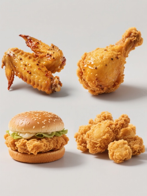 超写实摄影风格美食系列海报，四个完全不同的炸鸡类元素（如香辣鸡翅、黄金鸡腿堡、酥脆鸡米花、上校鸡块）规整排布，每个元素都具有金黄诱人的酥脆外皮，表面撒有细密的香料颗粒，呈现出逼真的烤制纹理和油润光泽，高光处泛着诱人的油光，阴影细节丰富自然，统一采用纯色背景，保持与原图一致的高清质感和色彩饱和度，整体构图对称平衡，视觉层级清晰，突出食物的美味与质感，符合快餐食品的宣传目的，信息传达直接高效，设计……预览效果