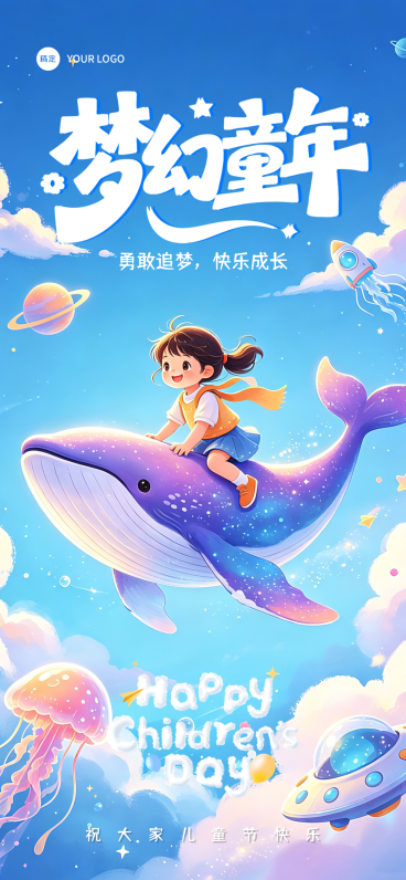 儿童节节日祝福梦幻童话风插画全屏竖版海报 预览效果