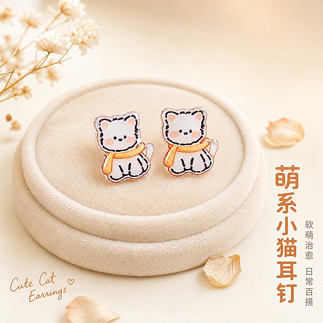 [主图-1] 首图点击率，展示可爱围巾小猫耳钉的整体造型与萌系氛围。
[统一基调] 奶油白浅色系背景，柔和暖光，整体清新治愈软萌风格；标题字色为暖橘棕色，辅助字色为浅灰棕色，字体用圆润可爱的无衬线体；画面干净通透，产品精致有光泽。
[画面] 耳钉主体居中偏上，占画面约55%，正面展示一对白色小猫耳钉，小猫戴着橘黄色围巾，脸颊有粉色腮红，造型圆润可爱；耳钉放置在浅米色绒布小托盘上，周围散落两三片迷你干花花瓣作为点缀，背景是柔和虚化的奶油白渐变；左下角用小号手写体英文装饰 "Cute Cat Earrings"。
[光影质感] 柔光箱均匀打光，耳钉亚克力表面有柔和高光，边缘清晰，底部有自然浅淡接触阴影；整体商业摄影质感，干净通透。
[配色] 背景奶油白渐变，产品白+橘黄+粉腮红，文字暖橘棕色。
[文字版式] 画面右下角竖排两行主文案：第一行大字「萌系小猫耳钉」，第二行小字「软萌治愈 日常百搭」；文字不遮挡产品主体，放在负空间。
[输出要求] 1:1正方形，2048x2048，2K分辨率；产品清晰不变形，文字清晰可读；负向：模糊、变形、错字、杂乱背景、水印、平台Logo、廉价塑料感、过曝发白。