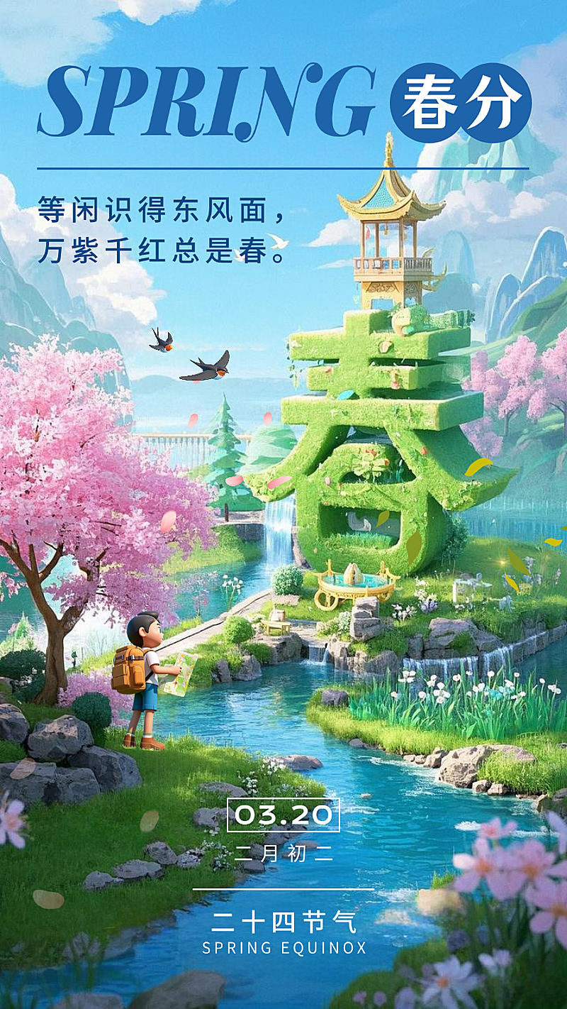 绿色3D插画春分立体字春节气手机海报