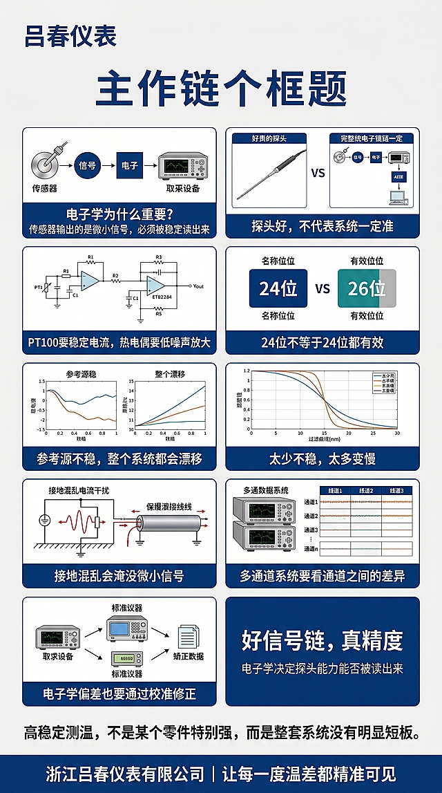 竖版9:16工业科技风总海报，深蓝/白/金属灰主色，画面留出标题安全区，左上角放置文字“吕春仪表”，将10个图文版块纵向整合排布：1. 版块1展示传感器到采集仪的信号链，标题“电子学为什么重要？”，配文“传感器输出的是微小信号，必须被稳定读出来”；2. 版块2为对比海报，左侧展示好探头，右侧展示完整信号链，配文“探头好，不代表系统一定准”；3. 版块3为电子电路示意图，展示前端测量电路，配文“PT100要稳定电流，热电偶要低噪声放大”；4. 版块4为信息图，展示标称位数与有效位数区别，配文“24位不等于24位都有效”；5. 版块5展示参考源稳定性的稳定与漂移曲线，配文“参考源不稳，整个系统都会漂移”；6. 版块6为滤波曲线对比图，配文“太少不稳，太多变慢”；7. 版块7为接地屏蔽示意图，展示强电干扰与屏蔽线，配文“接地混乱会淹没微小信号”；8. 版块8为多通道采集系统海报，展示多路数据一致性，配文“多通道系统要看通道之间的差异”；9. 版块9为校准链路海报，展示采集仪、标准器、修正数据，配文“电子学偏差也要通过校准修正”；10. 版块10为深蓝背景，大字“好信号链，读出真精度”，配文“电子学决定探头能力能否被读出来”。海报底部放置总结金句“高稳定测温，不是某个零件特别强，而是整套系统没有明显短板。”，最底部品牌区放置文字“浙江吕春仪表有限公司｜让每一度温差都精准可见”，整体风格适配B端工程师客户阅读，画面精致专业，工业科技感强烈