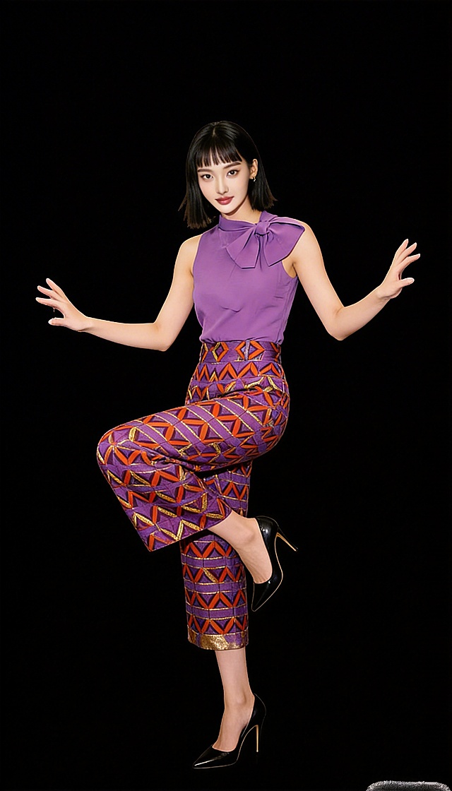 20岁中国漂亮女生，中分齐肩短发，面部参考图1，穿着紫色+橙色+金色拼接的时尚服饰，服装样式参考图3，搭配高级高跟鞋，姿势参考图2，手部动作可一上一下，画面风格参考图2