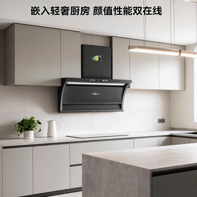 场景图 1｜现代开放式厨房全景场景，主体描述：主标题"嵌入轻奢厨房 颜值性能双在线"，展示 OUMAE 欧美 OMT110 油烟机完整嵌入开放式厨房；场景环境：现代轻奢开放式厨房，浅灰橱柜 + 岩板台预览效果