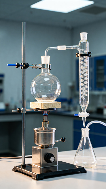 真实化学实验室场景，铁架台左侧垂直固定一个透明高硼硅玻璃圆底烧瓶，烧瓶底部下方放置一张方形石棉网，石棉网下方是酒精灯，酒精灯底部置于升降台上方，升降台为不锈钢材质带旋转手柄；铁架台右侧垂直固定一根蛇形预览效果