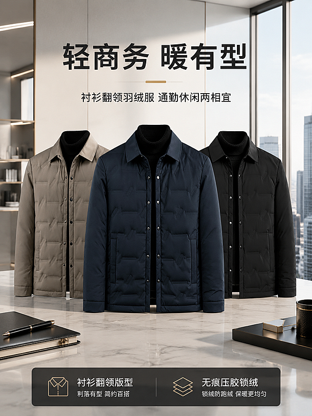 [第1屏] 详情页头图-衬衫翻领轻商务羽绒服三色同框主视觉海报。本屏使用【图1】藏青色款、【图2】卡其色款、【图3】黑色款作为商品主体，三件羽绒服并排展示。
[氛围/风格] 商务休闲高级感，现代简约办公场景，商业摄影质感，沉稳大气。
[元素布局] 三件羽绒服（藏青、卡其、黑色）呈错落三角布局位于画面中下部，藏青色居中为主，卡其色和黑色分列两侧稍靠后，整体占比约65%；背景为现代简约办公室场景，有落地窗、城市天际线剪影、浅灰色大理石台面；前景有极简商务配饰如钢笔、笔记本点缀；产品保持衬衫翻领、单排按扣、斜插口袋、压胶格纹结构与原图一致。
[光影质感] 右侧柔和自然光，左侧补光，产品表面有细腻高光，底部自然投影，整体明亮通透有层次。
[配色色系] 全局底色 #F5F5F3 米灰；主色藏青/卡其/黑（产品色）；辅助色深灰文字、金色点缀线条。
[视角构图] 正面微仰视，产品为视觉中心，阅读动线顶部标题 → 中部产品群 → 底部信息条。
[文字版式] 顶部居中大标题「轻商务 暖有型」，副标题「衬衫翻领羽绒服 通勤休闲两相宜」，黑体简洁字形；底部横排两个卖点标签「衬衫翻领版型」「无痕压胶锁绒」，配简约线条图标；文字不遮挡产品主体。
[比例分辨率] 3:4竖版比例，4K分辨率，文字清晰可辨，高清画质。
[负向提示词] 产品变形，缺件错件，颜色偏差，水印，文字错乱，产品图模糊，背景杂乱，人物出现。