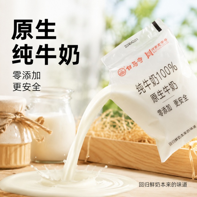 [主图-2] 白马寺纯牛奶核心卖点展示图，突出零添加原生纯牛奶特点
[氛围风格] 拼多多风格，清新自然，突出新鲜品质
[画质] 商业摄影质感、光线柔和通透、产品清晰真实、画面干净高级
[元素] 单袋白预览效果
