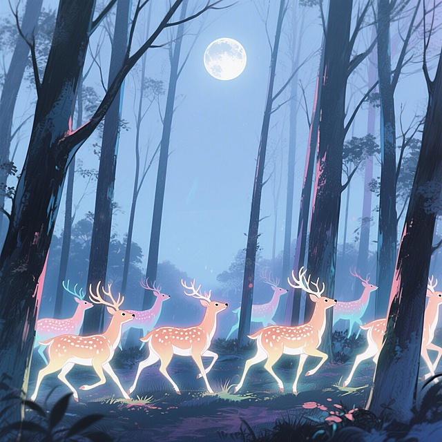 梦幻月影风格，远景视角，清冷月光下的森林中，一群发光的鹿在林间奔跑，鹿的身影在树木间若隐若现，朦胧梦幻的氛围，柔和冷调光影，唯美动漫插画风格