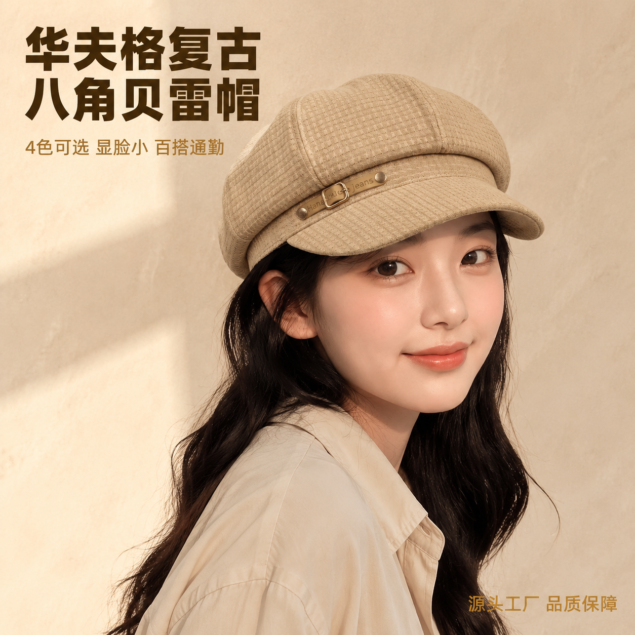 [主图-1] 1688平台八角贝雷帽首图，展示卡其色帽子正面上… - 图片创意预览