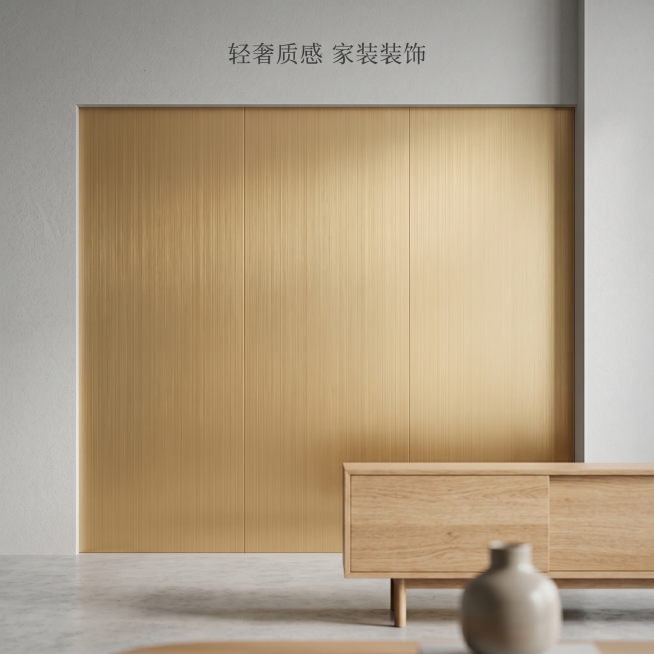 [主图 3] 场景应用展示拉丝氧化铝板。
[氛围风格] 现代简约家装场景，质感高级；
[画质] 商业空间摄影质感，光线自然通透，产品清晰真实，画面干净高级，牛皮癣少。
[元素] 金色拉丝氧化铝板应用在预览效果