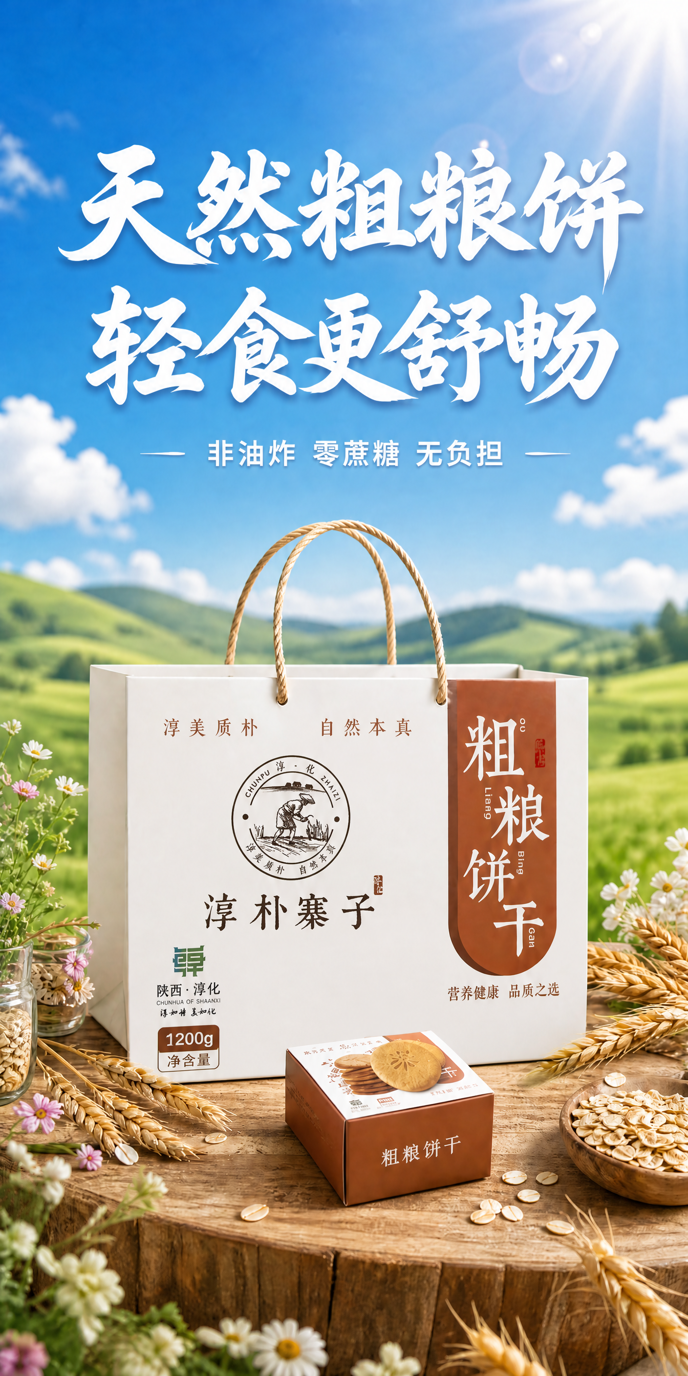 淳朴寨子粗粮饼干产品海报，保持现有海报的背景、字体、排版、构图… - 图片创意预览