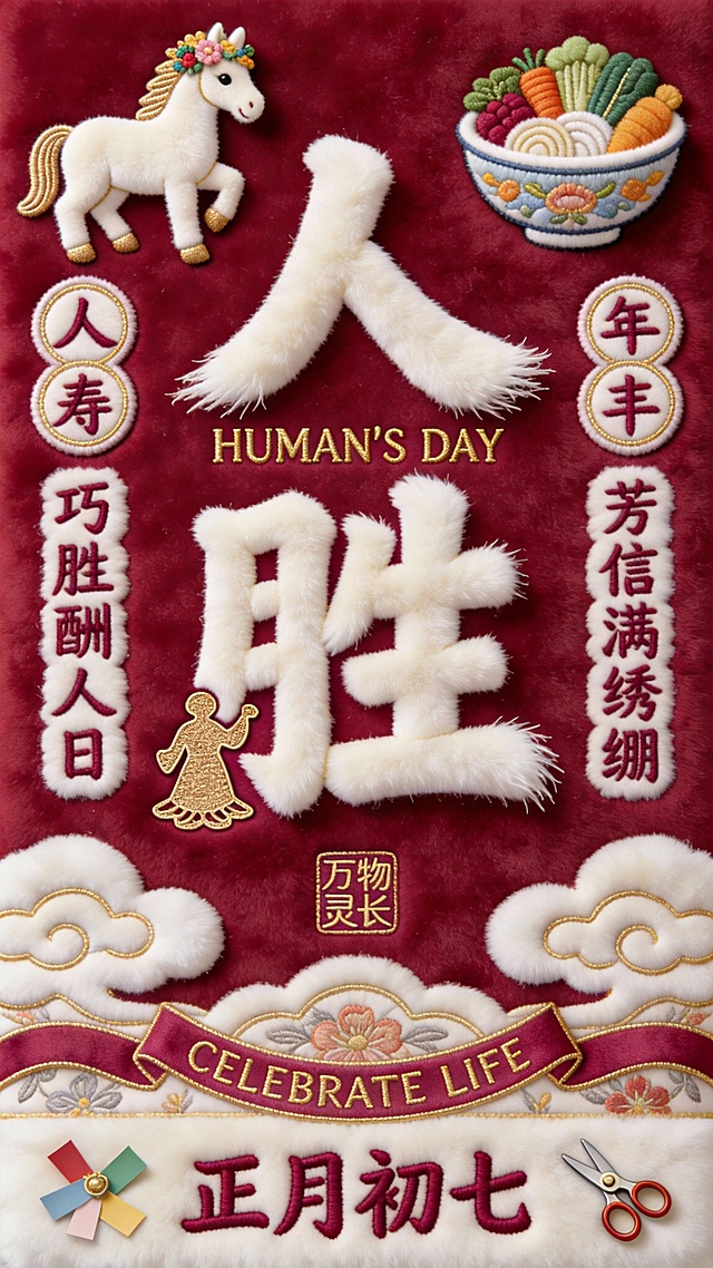 刺绣风重拟物设计，融合中式元素与国潮美学，以毛绒质感大字“人胜”为核心，搭配祥云、生肖马、蔬果碗等吉祥图案，营造喜庆民族感，庆祝正月初七“人日节”。