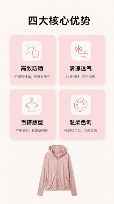 [第3屏] 核心卖点-四栏卖点可视化展示。本屏使用【图1】提取产品作为核心参考，保持粉色调性与产品风格一致。
[氛围/风格] 简约干净信息风，清晰易懂，保持与整体一致的温柔浅粉系商业风格。
[元素布局预览效果